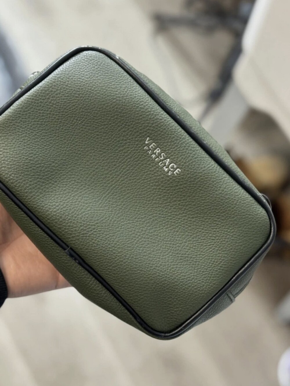 Versace Collection Olive Green Leather Toiletry Bag with Black Trim